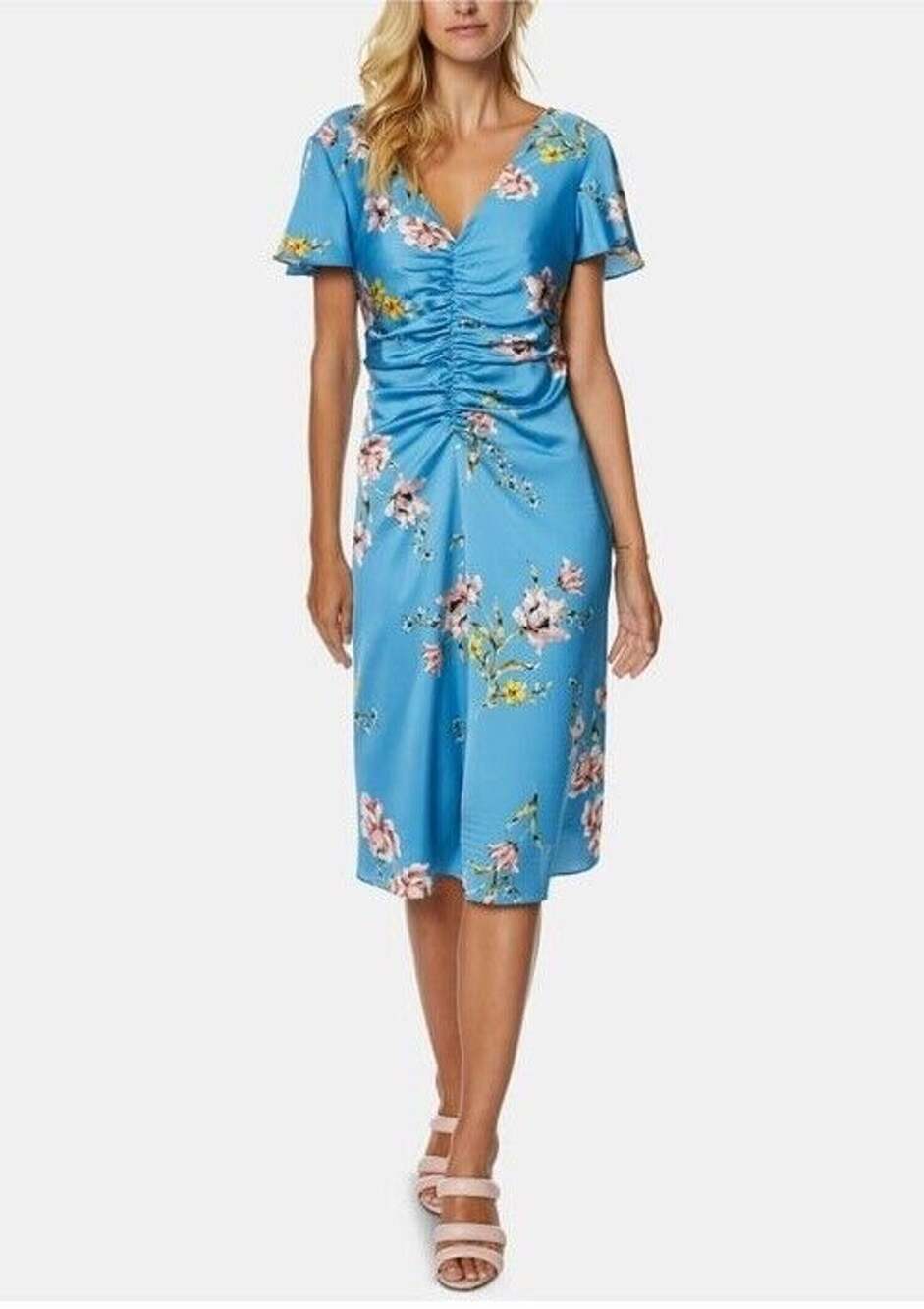 Avec Les Filles Women's Blue Ruched Floral-Print Dress Zip Lined Size 2 $128 NWT